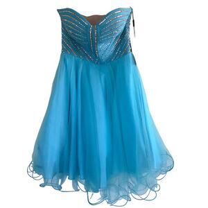 TERANI COUTURE new blue tulle embellished Swarovski strapless dress prom formalf